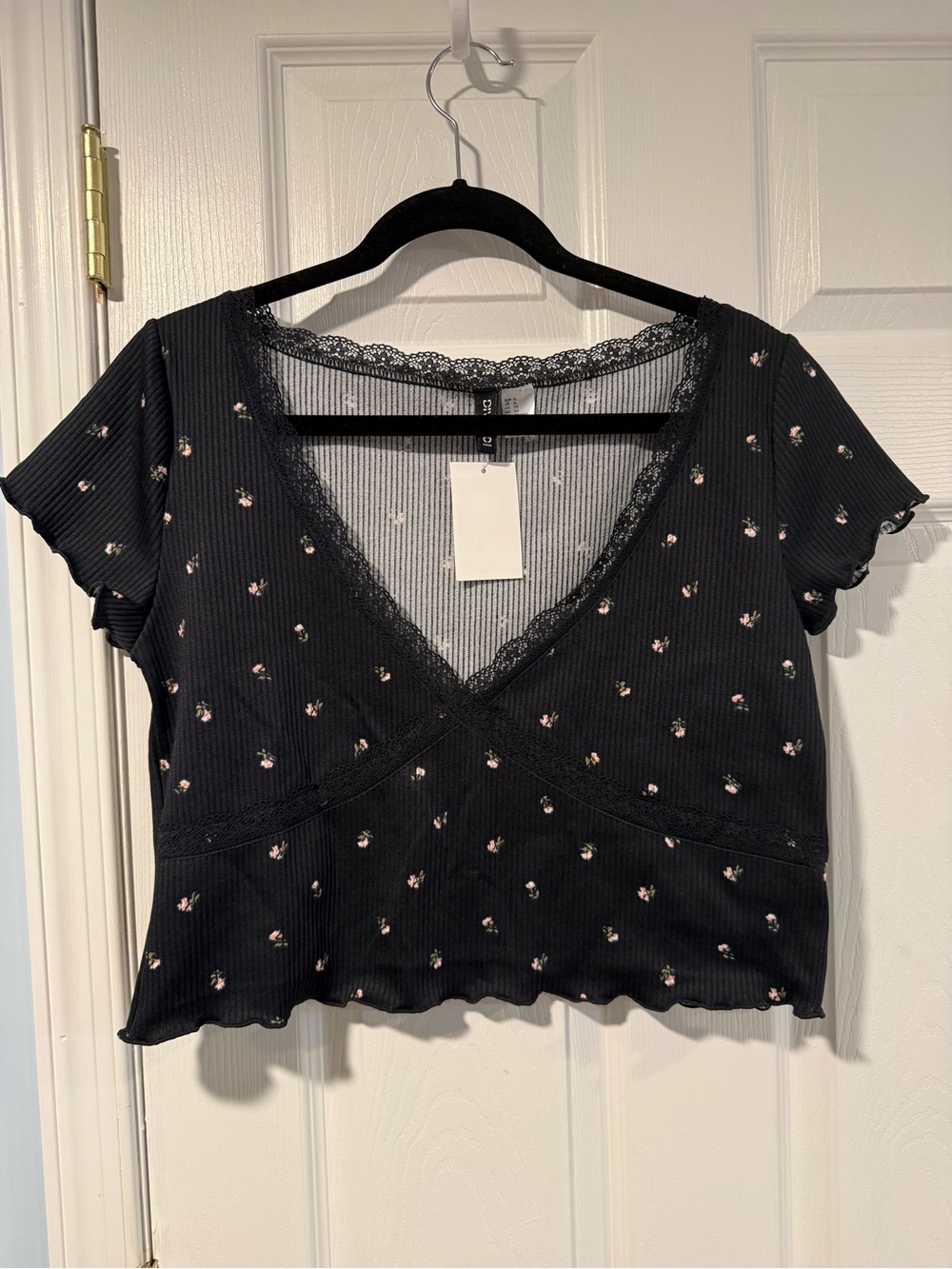 Black Floral Lace-Trim Short Sleeve Crop Top
